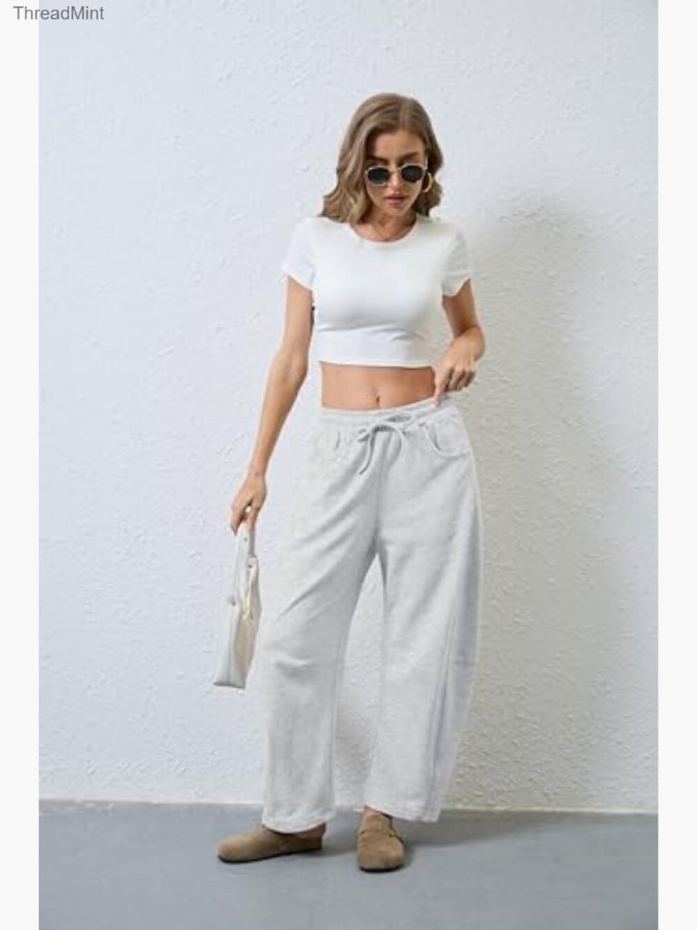 Women's Barrel Leg Sweatpants Elastic Waist Wide Leg Cotton Pockets - Picture 5 of 6